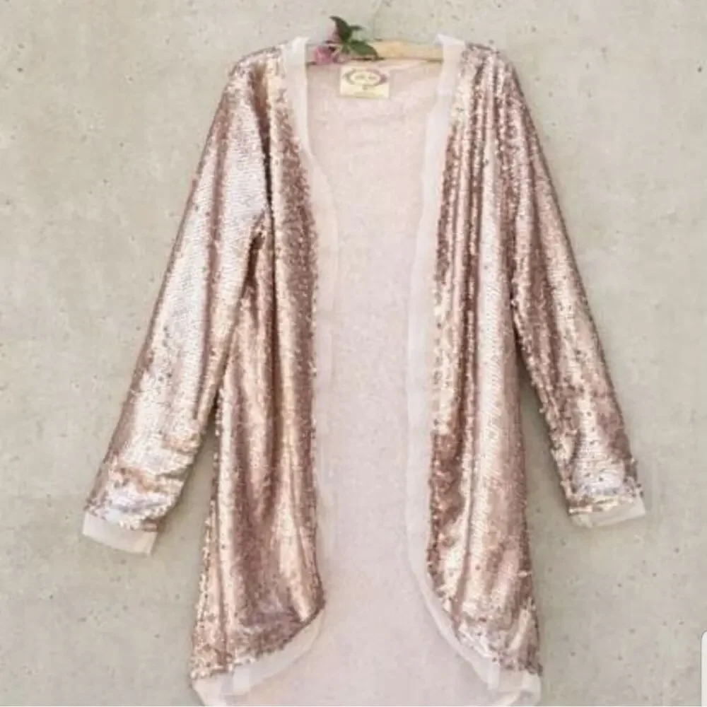 Sequin Open-Front Girls Long Sleeve Cardigan - Rose Gold